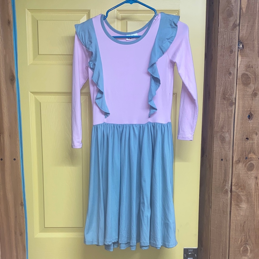 Girls DotDotSmile Long Sleeve Pink and Teal Ruffle Dress